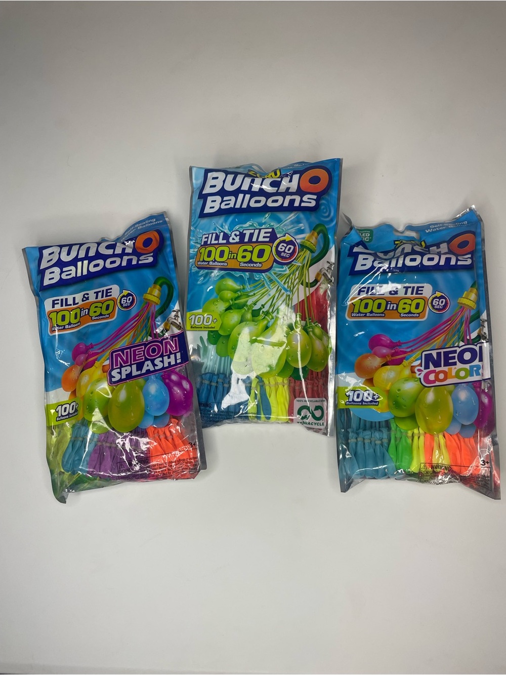 Bunch O Balloons Fill & Tie 100 in 60 Neon Assorted Balloons 3 Pack Bundle